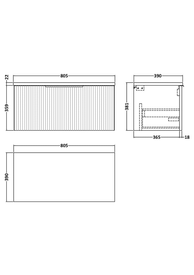 Hudson Reed Fluted 800mm Satin White Wall Hung Single Drawer Vanity Unit With Laminate Top