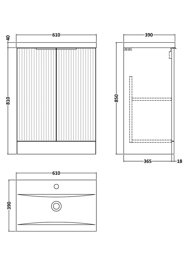Hudson Reed Fluted 600mm Floor Standing 2-Door Vanity Unit With Basin