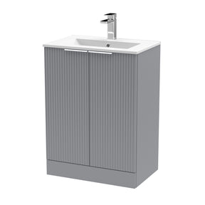 Hudson Reed Fluted 600mm Satin Grey Floor Standing 2-Door Vanity Unit With Basin