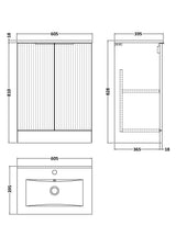Hudson Reed Fluted 600mm Satin Grey Floor Standing 2-Door Vanity Unit With Basin
