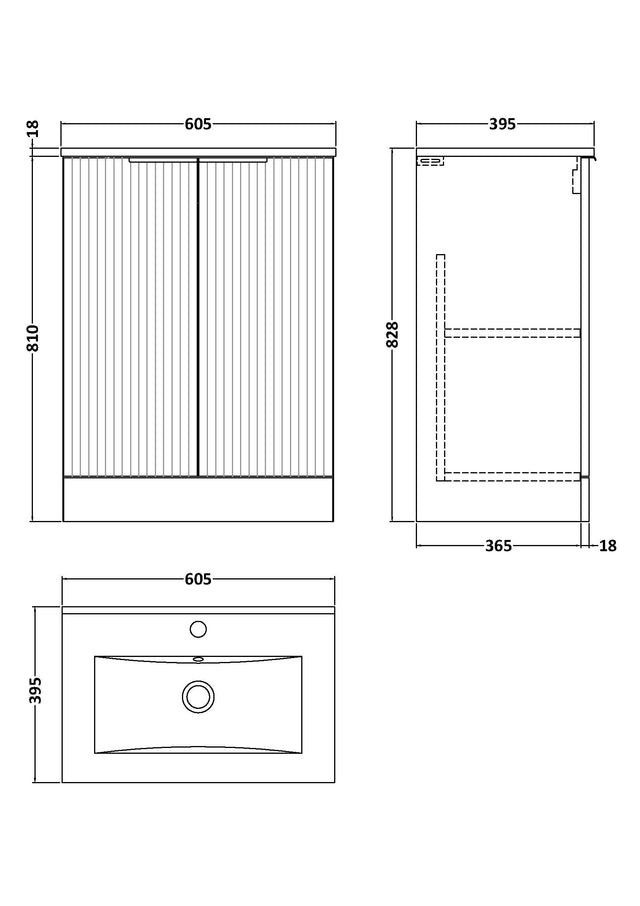 Hudson Reed Fluted 600mm Satin Grey Floor Standing 2-Door Vanity Unit With Basin
