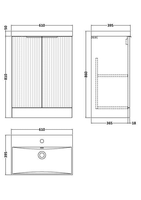 Hudson Reed Fluted 600mm Floor Standing 2-Door Vanity Unit With Basin