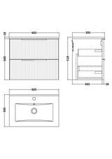 Hudson Reed Fluted 600mm Satin Grey Wall Hung 2-Drawer Vanity Unit Including Basin