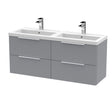 Hudson Reed Fluted 1205mm Satin Grey Wall Hung 4-Drawer Vanity Unit with Double Basin, Pre-Assembled