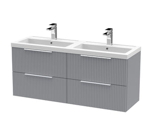 Hudson Reed Fluted 1205mm Satin Grey Wall Hung 4-Drawer Vanity Unit with Double Basin, Pre-Assembled