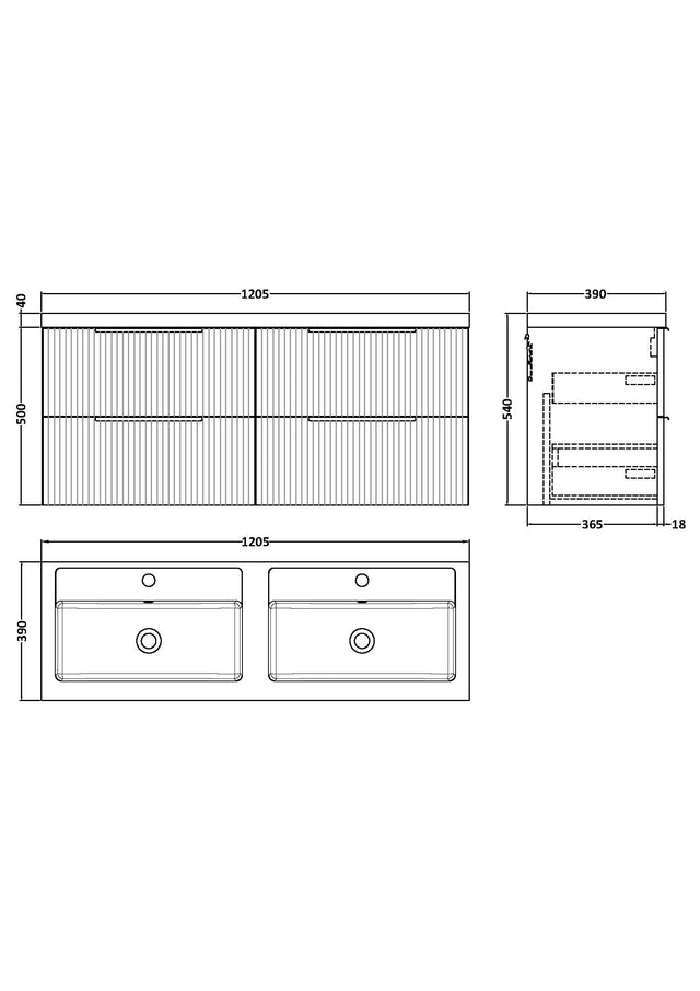 Hudson Reed Fluted 1205mm Satin Grey Wall Hung 4-Drawer Vanity Unit with Double Basin, Pre-Assembled