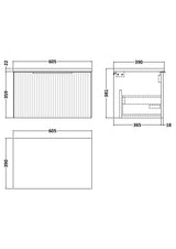 Hudson Reed Fluted 600mm Satin Grey Wall Hung Single Drawer Vanity Unit With Laminate Top