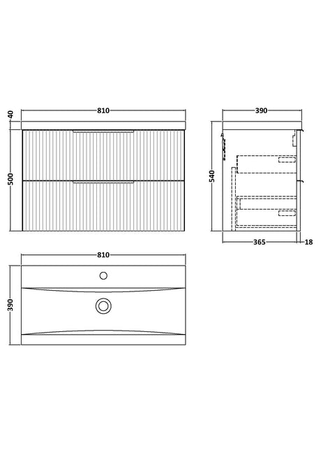 Hudson Reed Fluted 800mm Satin Grey Wall Hung 2-Drawer Vanity Unit Including Basin