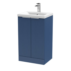 Hudson Reed Fluted 500mm Satin Blue Floor Standing 2-Door Vanity Unit With Basin
