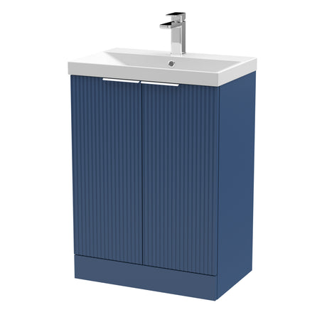 Hudson Reed Fluted 600mm Satin Blue Floor Standing 2-Door Vanity Unit With Basin