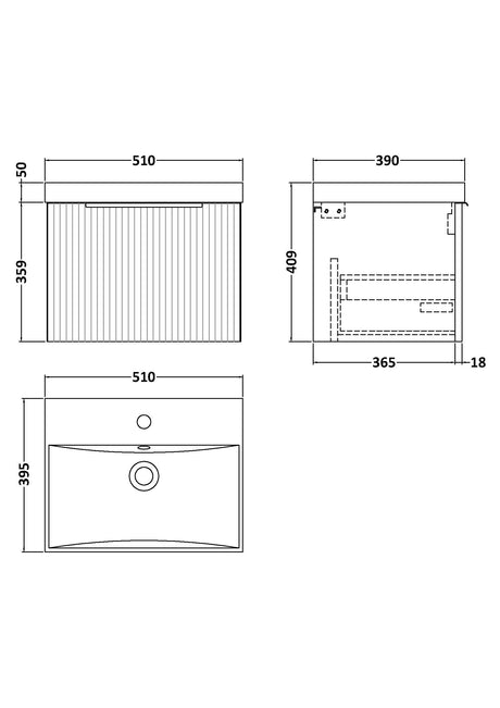 Hudson Reed Fluted 500mm Wall Hung Single Drawer Vanity Unit With Thin-Edge Basin