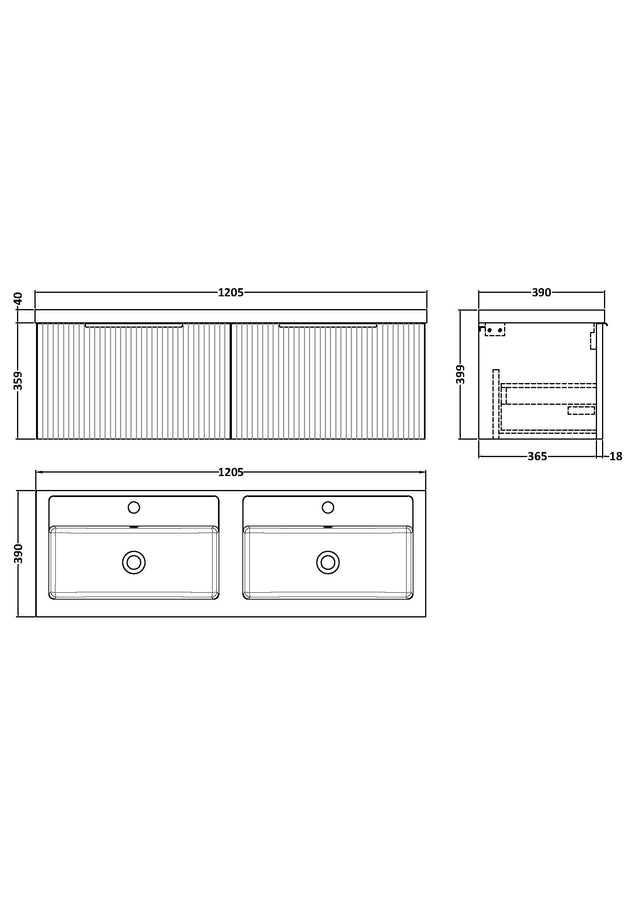 Hudson Reed Fluted 1200mm Satin Blue Wall Hung 2-Drawer Vanity Unit with Polymarble Double Basin