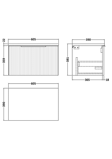 Hudson Reed Fluted 600mm Wall Hung Single Drawer Vanity Unit With Laminate Worktop