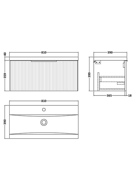 Hudson Reed Fluted 800mm Satin Blue Wall Hung Single Drawer Vanity Unit with Mid-Edge Basin