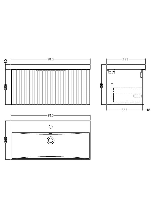 Hudson Reed Fluted 800mm Satin Blue Wall Hung Single Drawer Vanity Unit with Basin