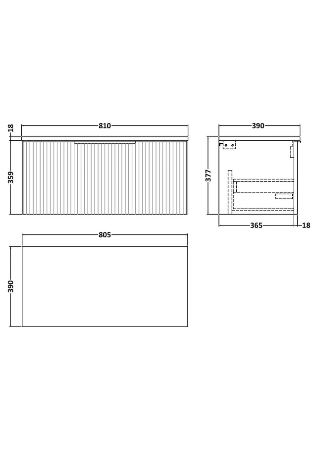 Hudson Reed Fluted 800mm Wall Hung Single Drawer Vanity with Worktop