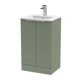Hudson Reed Fluted 500mm Satin Green Floor Standing 2-Door Vanity Unit With Basin