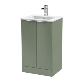 Hudson Reed Fluted 500mm Satin Green Floor Standing 2-Door Vanity Unit With Basin