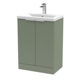 Hudson Reed Fluted 600mm Satin Green Floor Standing 2-Door Vanity Unit with Basin
