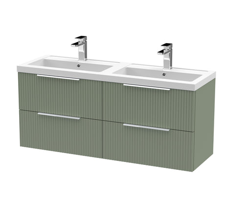 Hudson Reed Fluted 1200mm Satin Green Wall Hung 4-Drawer Vanity Unit with Polymarble Double Basin