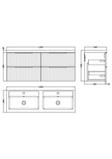 Hudson Reed Fluted 1200mm Satin Green Wall Hung 4-Drawer Vanity Unit with Polymarble Double Basin