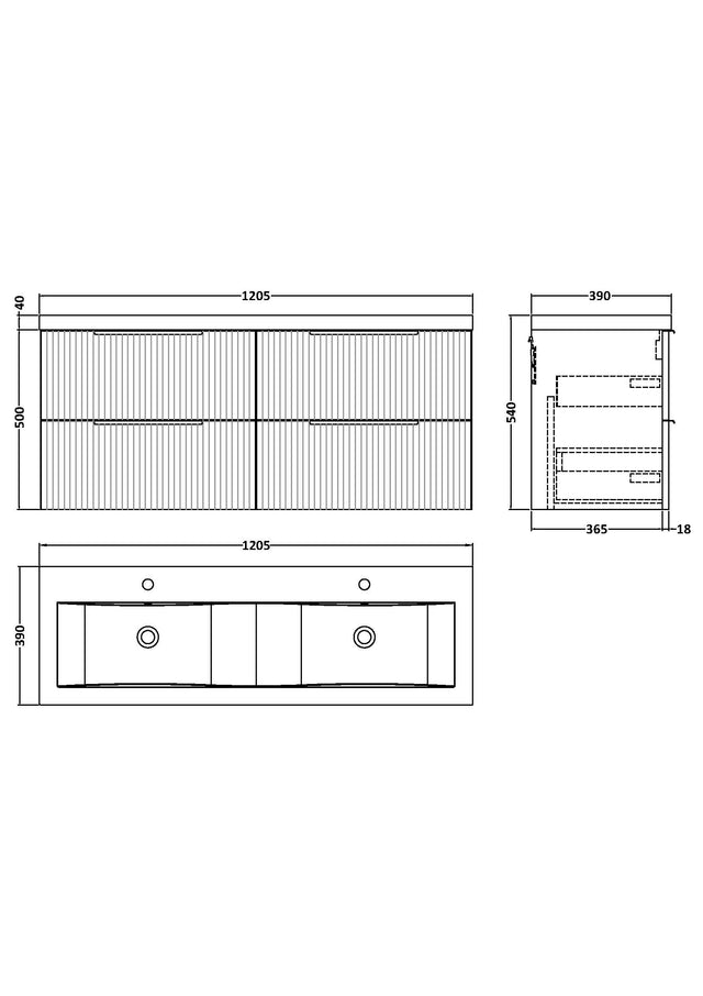 Hudson Reed Fluted 1200mm Satin Green Wall Hung 4-Drawer Vanity Unit with Double Basin
