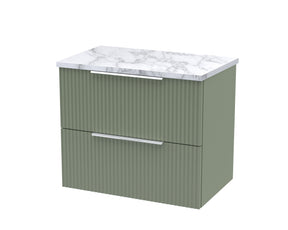 Hudson Reed Fluted 600mm Satin Green Wall Hung 2-Drawer Vanity Unit With Laminate Worktop