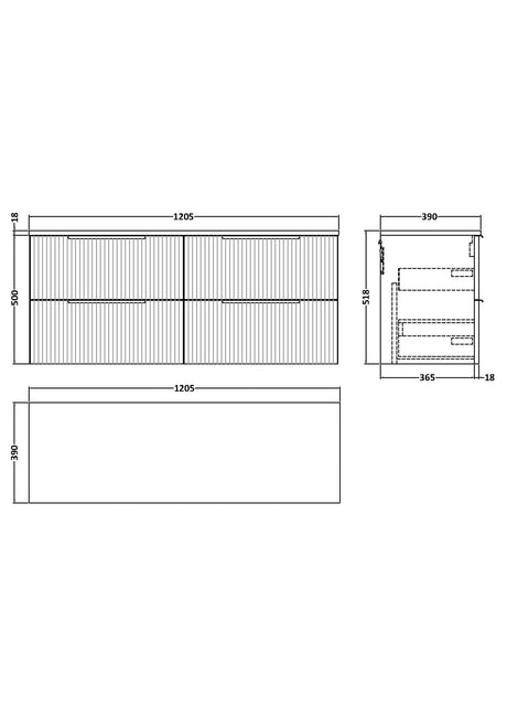 Hudson Reed Fluted 1200mm Satin Green Wall Hung 4-Drawer Vanity Unit With Worktop
