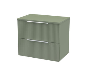Hudson Reed Fluted 600mm Satin Green Wall Hung 2-Drawer Vanity Unit With Worktop