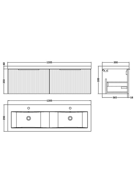 Hudson Reed Fluted 1200mm Wall Hung 2-Drawer Vanity and Double Basin