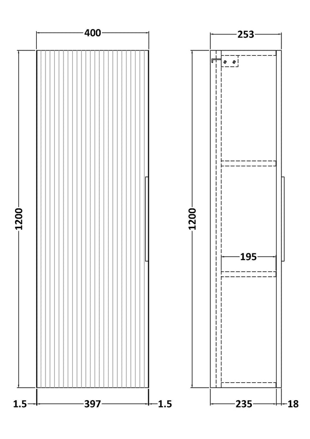 Hudson Reed Fluted 400mm 1 Door Satin White Wall Hung Tall Cabinet With Handles