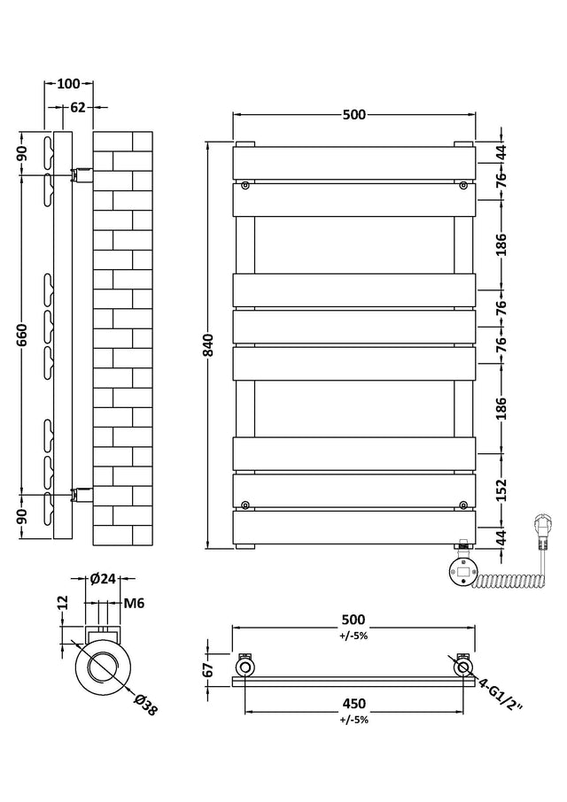 Electric Square Flat Towel Rail with 8 Bars, 840mm x 500mm