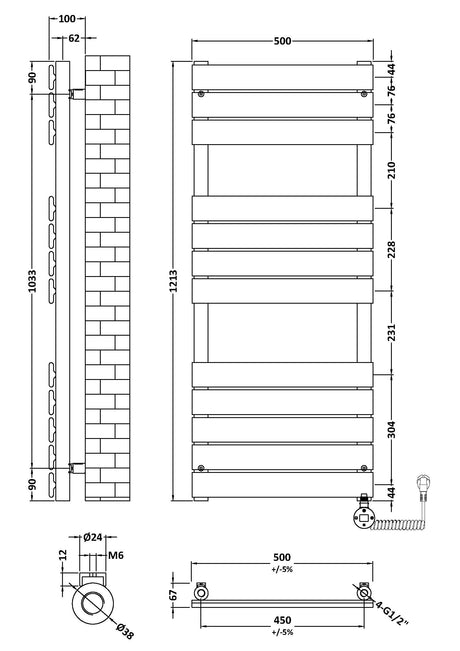 Electric Square Flat Towel Rail with 12 Bars, 1213mm x 500mm