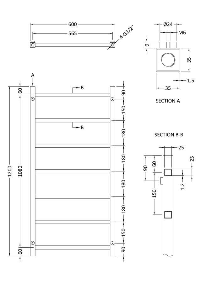 Heated Towel Rail 1200 x 600mm