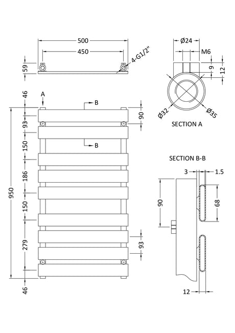 Heated Towel Rail 950 x 500mm