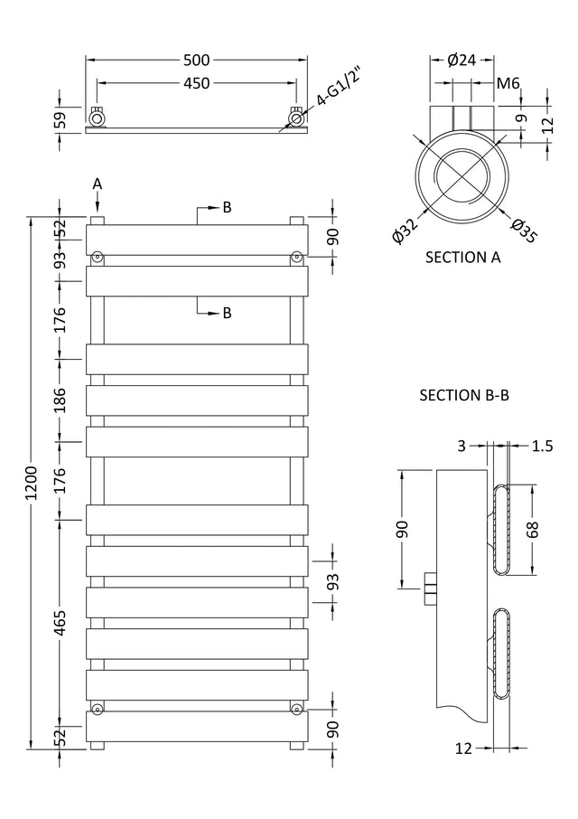 Heated Towel Rail 1200 x 500mm