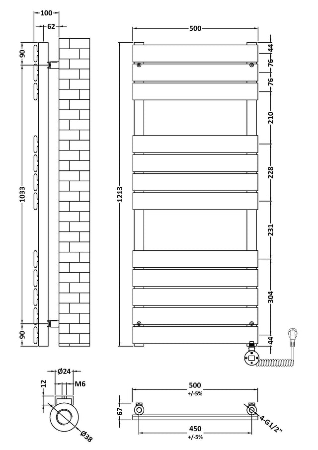 Electric Square Flat Towel Rail with 12 Bars, 1213mm x 500mm