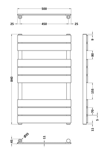 Piazza Square Towel Radiator with Flat Panels 840mm x 500mm