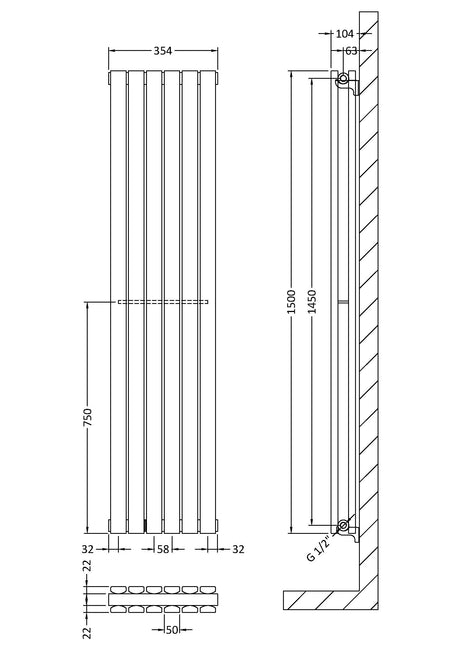 Vertical Double Panel Radiator 1500 x 354mm