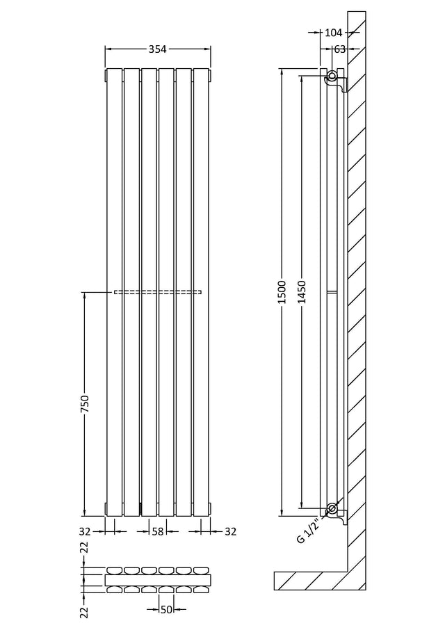 Vertical Double Panel Radiator 1500 x 354mm