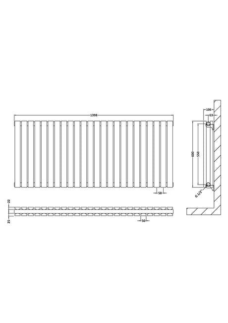 Horizontal Double Panel Radiator 600 x 1398mm