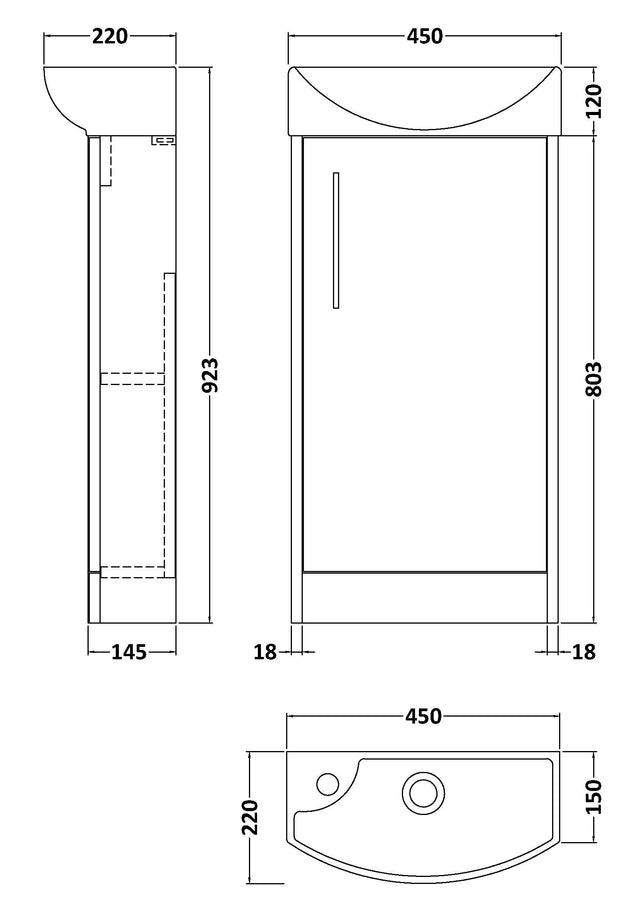Hudson Reed Juno Compact 450mm Floor Standing Single Door Vanity Unit and Basin with 1 Tap Hole Right Hand