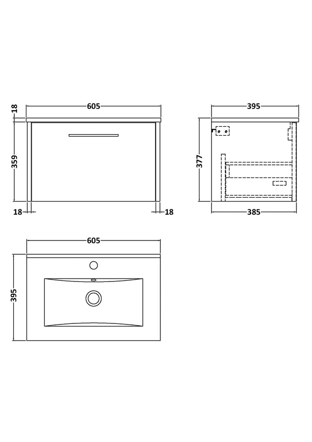 Hudson Reed Juno 600mm Autumn Oak Wall Hung Single Drawer Vanity Unit With 1 Tap Hole Basin