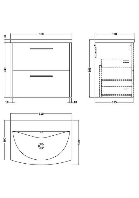 Hudson Reed Juno 600mm Autumn Oak Wall Hung 2-Drawer Vanity Unit with Curved 1 Tap Hole Basin