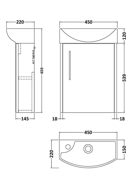 Hudson Reed Juno Compact 440mm Wall Hung Single Door Vanity Unit and Basin With Soft Close Door 1 Tap Hole Right Hand