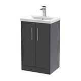 Hudson Reed Juno 500mm Graphite Grey Woodgrain Floor Standing 2-Door Vanity Unit With 1 Tap Hole Basin
