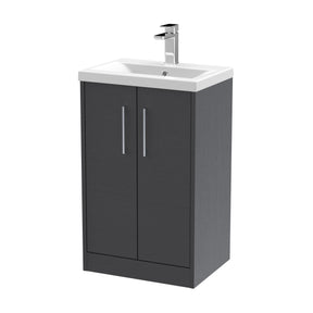 Hudson Reed Juno 500mm Graphite Grey Woodgrain Floor Standing 2-Door Vanity Unit With 1 Tap Hole Basin