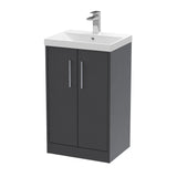 Hudson Reed Juno 500mm Floor Standing Graphite Grey Woodgrain 2-Door Vanity Unit with 1 Tap Hole Basin