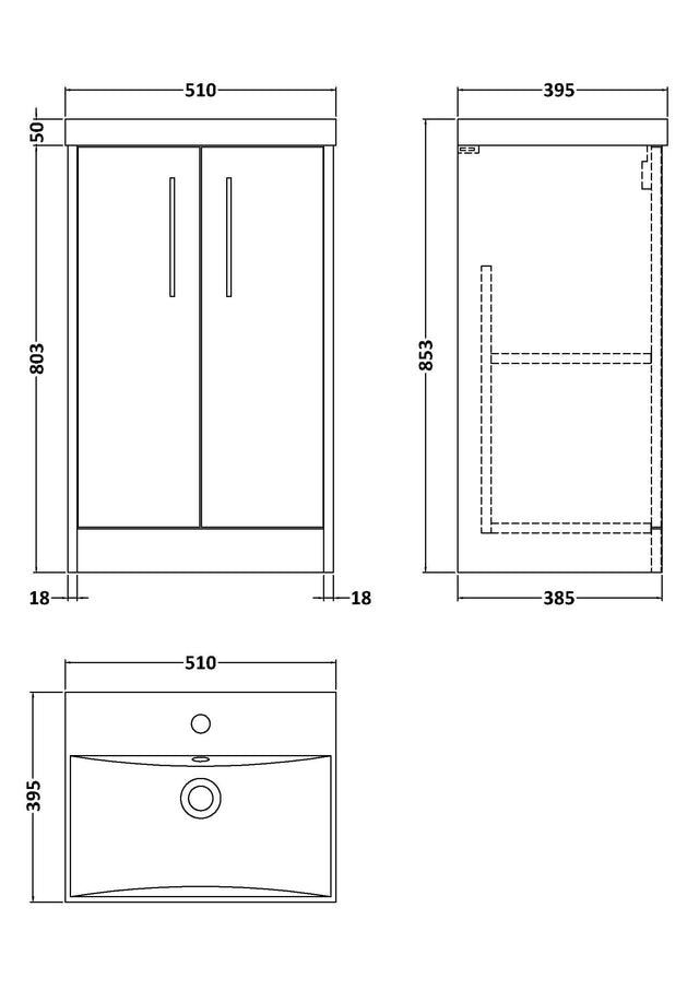 Hudson Reed Juno 500mm Floor Standing Graphite Grey Woodgrain 2-Door Vanity Unit with 1 Tap Hole Basin