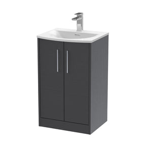 Hudson Reed Juno 510mm Graphite Grey Woodgrain Floor Standing 2-Door Vanity Unit with 1 Tap Hole Basin